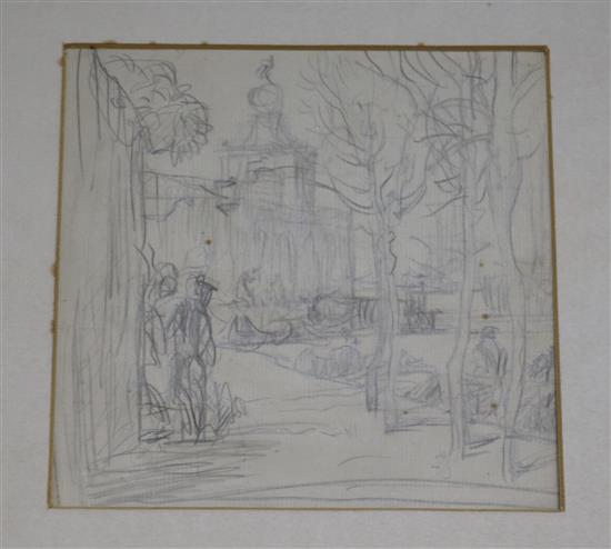 Attributed to Sir Frank Brangwyn, pencil drawing, 16 x 16cm, unframed
